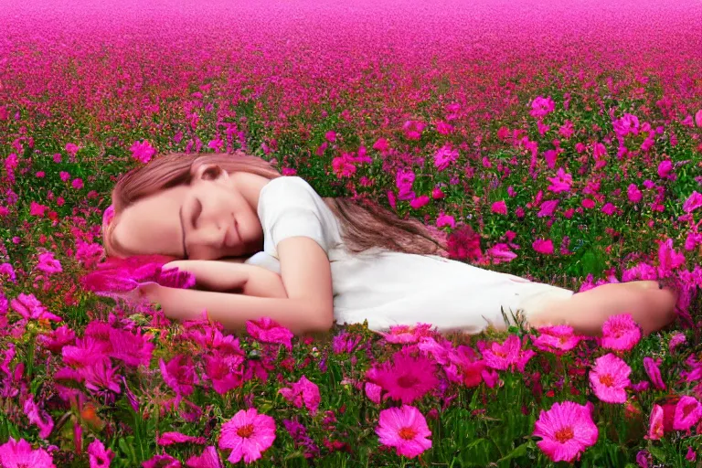 Image similar to close-up flower field with sleeping woman, retrofuturism