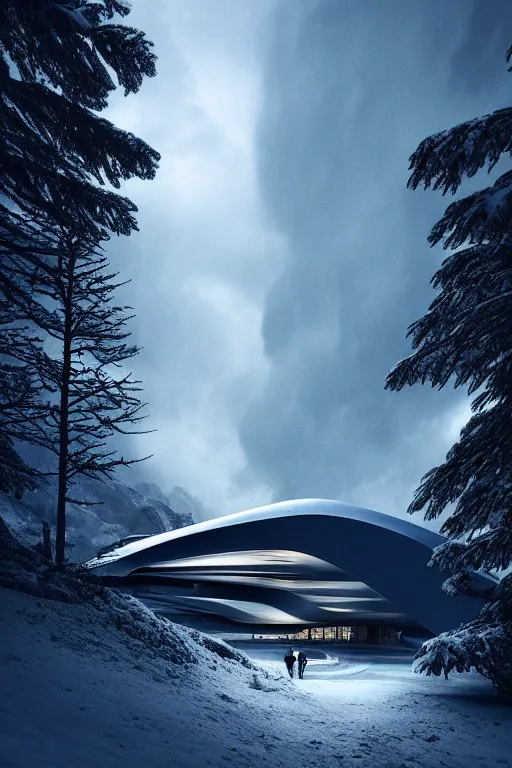 Prompt: a futuristic scene in front of a zaha hadid building in the forrest of the french alps in the style of chris moore, stormy weather, cinematic matte painting, extreme detail photo quality, dark moody colors, snowfall, featured on behance