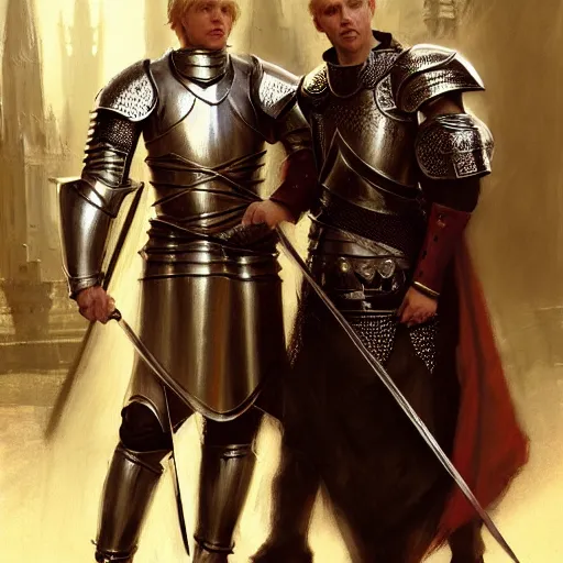 Image similar to attractive arthur pendragon and his favourite attractive male knight, they are in love, camelot, natural lighting, path traced, highly detailed, high quality, digital painting, by gaston bussiere, craig mullins, j. c. leyendecker