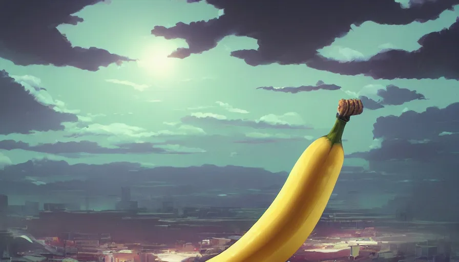 Prompt: A highly detailed matte oil painting of a banana by Mokoto Shinkai, hyperrealistic, breathtaking, beautiful composition, by Artgerm, by beeple, by Studio Ghibli, volumetric lighting, octane render, 4K resolution, trending on artstation