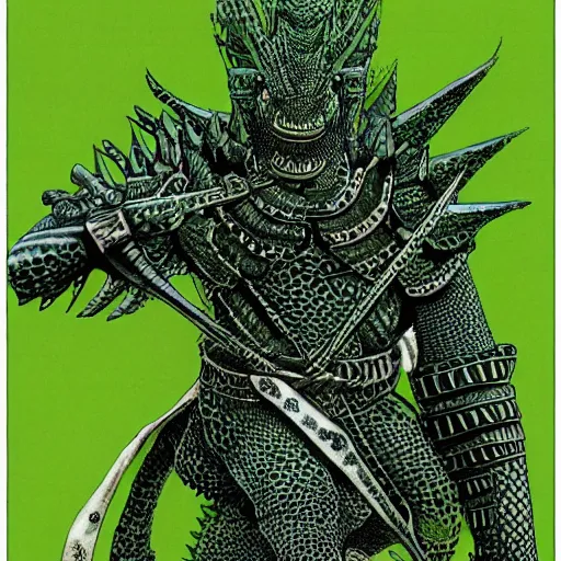 Image similar to anthro crocodile crocman wearing tribal armor, artwork by kentaro miura, crocodile man, kentaro miura art