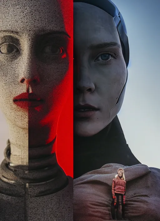 Image similar to cinestill 5 0 d photographic portrait of two loving female androids wearing rugged black techwear on a desolate plain with a red sky in front of a brutalist sculpture, extreme closeup, cyberpunk style, dust storm, 8 k, hd, high resolution, 3 5 mm, f / 3 2, ultra realistic faces, ex machina