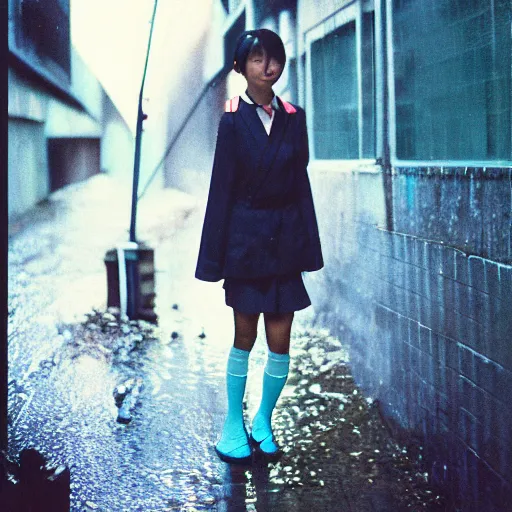 Image similar to 1990s perfect 8K HD professional cinematic photo of close-up japanese schoolgirl posing in sci-fi dystopian alleyway at morning during rain, at instagram, Behance, Adobe Lightroom, with instagram filters, depth of field, taken with polaroid kodak portra