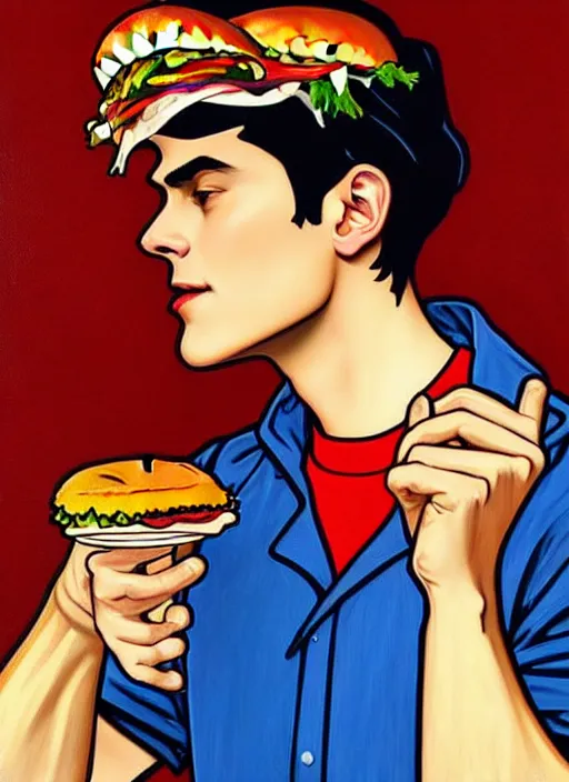 Image similar to oil painting, jughead jones wears a crown and devours a hamburger, intricate, elegant, highly detailed, lighting, painting, artstation, smooth, illustration, art by greg rutowski and alphonse mucha