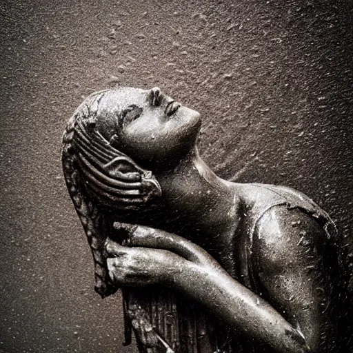 Image similar to sculp of Cleopatra on the rain, faith, ant view, night, smoke, shadows, award winning photography