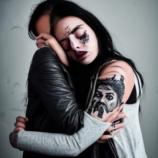 Image similar to Hot young woman, grey skin, void eyeballs, tattoos, wearing a leather jacket, hugging a shrouded person as they cry on her chest, comforting, touching, wholesome, watercolour, big sister, little brother, 4k