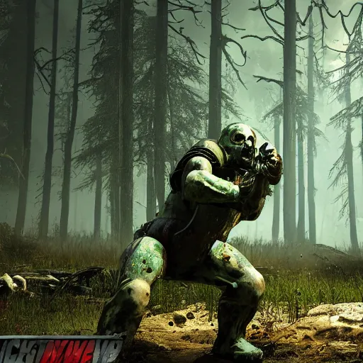 Image similar to Zombie bear vs a man in power armor with a minigun in his hands against the background of a radioactive forest, graphics, fallout 4 render, 3d computer render, maximum details, rain, night, spotlight,