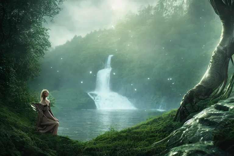 Image similar to an ultra realistic, cinematic, fantasy, headshot portrait, of an elden ring elf, fairy lights, facial features, background of a vast serene landscape, with trees and waterfalls, detailed, deep focus, movie still, dramatic lighting, ray tracing, by michal karcz and yoshitaka amano