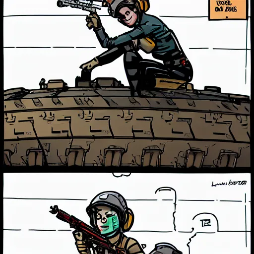 Image similar to tank girl sitting alone on top of the tank, holding a granite luncher. smiling. laurie greasley,