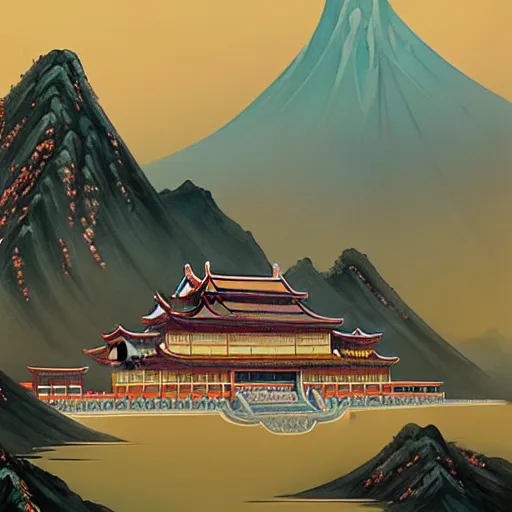 Prompt: a huge chinese palace on the mountain, winter, in the style of studio ghibli, j. c. leyendecker, greg rutkowski, artem