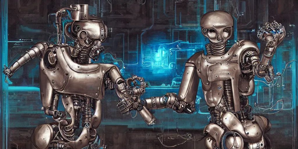 Prompt: digital painting of a robot doing boxing, by michael whelan and h. r. giger, highly detailed, steampunk, mix of styles, intricate, ghost in the shell color scheme, boxing, kickboxing, masterpiece