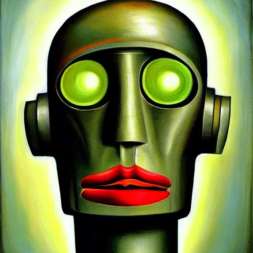 Image similar to sad robot portrait, visage, dystopian, pj crook, edward hopper, oil on canvas