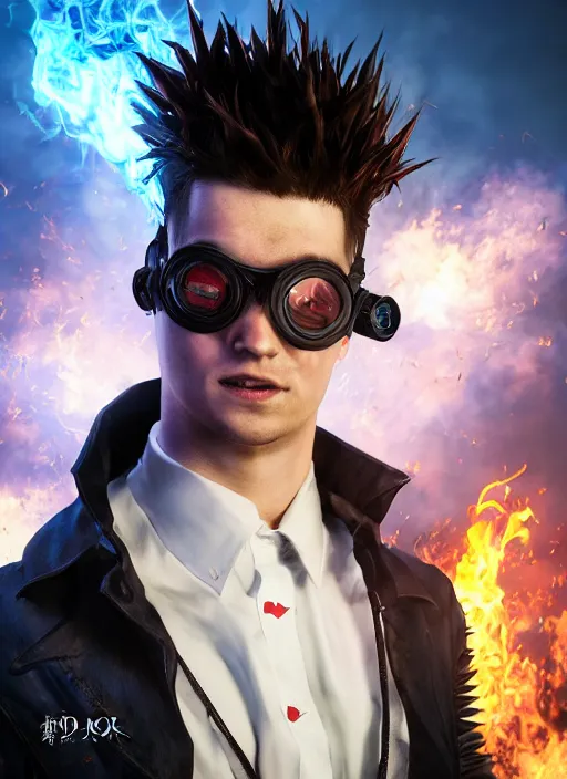 Image similar to An epic fantasy comic book style portrait painting of young man with long red spiked hair. Wearing a black waistcoat, white shirt, using googles. Blasting fire on his hands. Unreal 5, DAZ, hyperrealistic, octane render, cosplay, RPG portrait, dynamic lighting