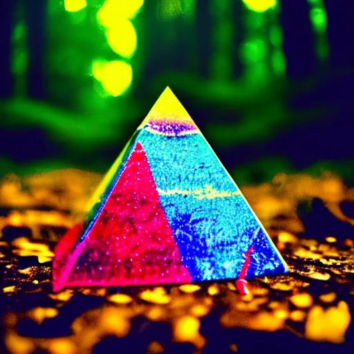 Image similar to colorful velvet Wizard triangle tree pyramid crystal, in a forest in twilight, 70s, polaroid, DOF, grain, kaleidoscope