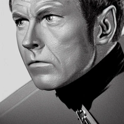 Prompt: photograph of captain j. kirk from star trek in absolute disbelief, shocked. sharp photograph, sharp focus, highly detailed,, detailed face!!, ultra realism, dramatic lighting, zeiss lens, canon eos, detailed skin, dynamic pose, 8 k resolution, hyperrealism, portrait photography
