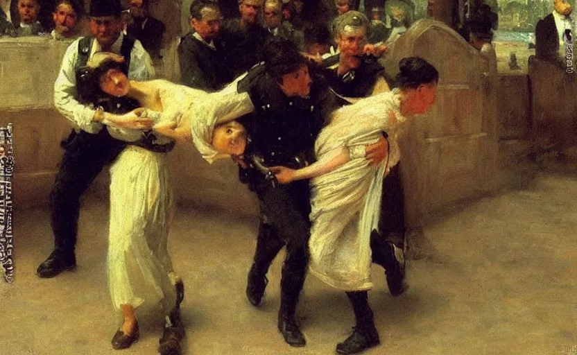 Prompt: high quality high detail painting by ilya repin, fbi arresting a woman, hd