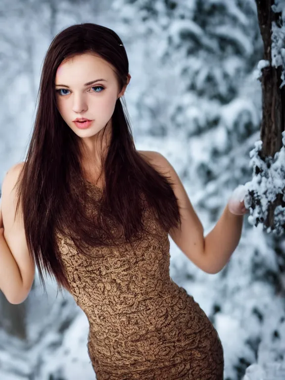 Prompt: hyperdetailed photo of a beautiful ukrainian girl with brown eyes and dark bob hairstyle, winds of winter, in a tight dress