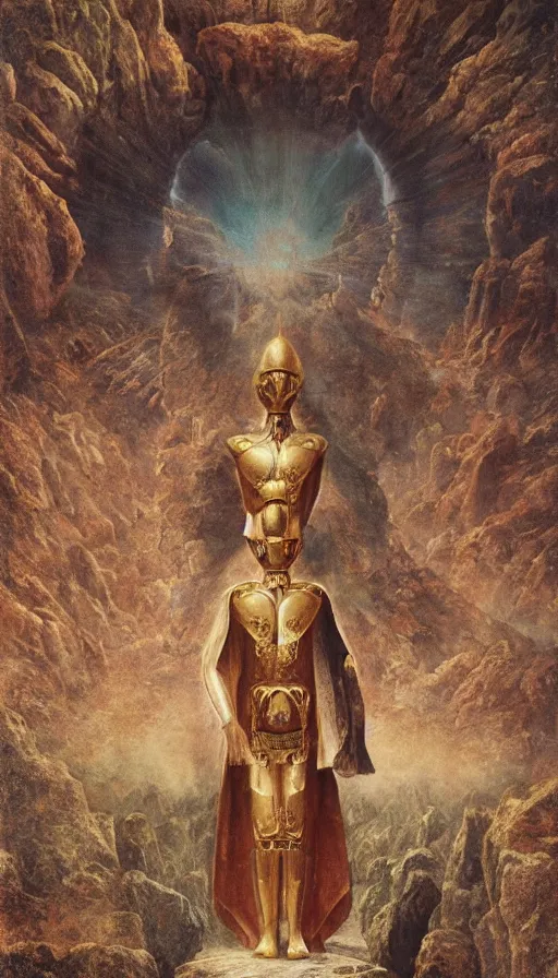 Prompt: the emperor with the head of a ram wearing full body armor, at the top of a barren mountain, golden taurus, mars energy, ankh, wisdom, full body shot, sitting on a stone throne, agostino arrivabene