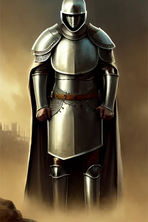 Prompt: white man looking forward in iron decorated plate armor, cylindrical crusader great helm covering all his head and white silk cape covering his back and elbows standing at the gates of jerusalem drawn by greg rutkowski realistic high detail