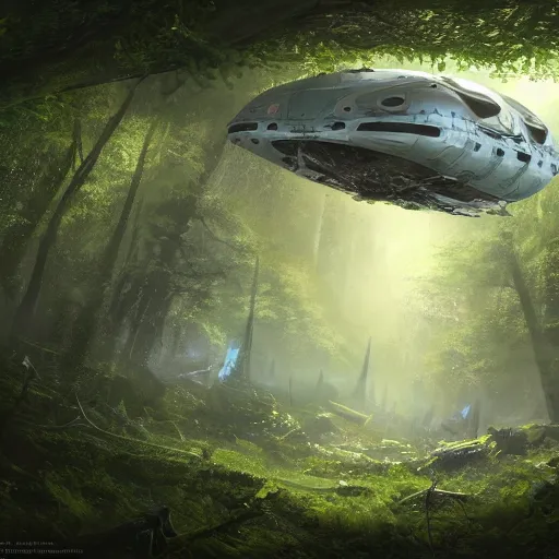 Prompt: a giant space ship crashed in an overgrown forest viewed from the sky by Marek Okon, god rays, fantasy art, 4k, HDR, photorealistic, 8k, trending on artstation