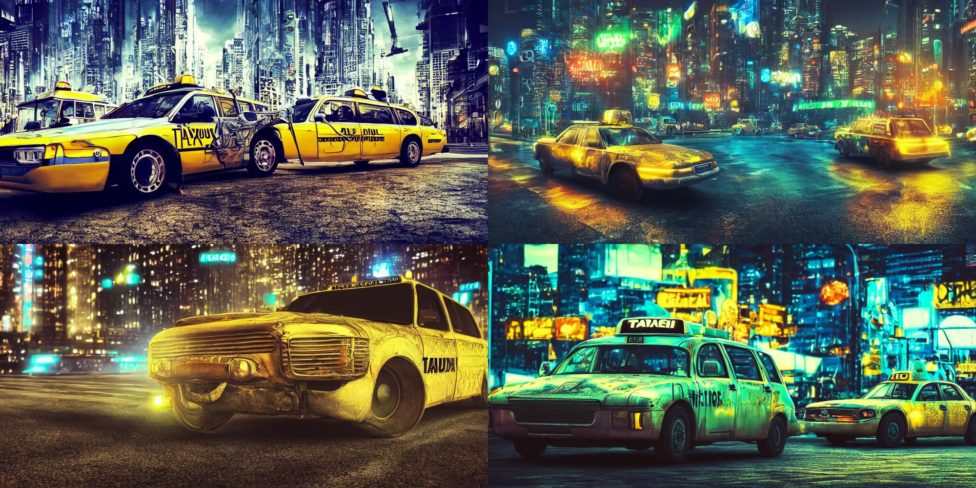 Prompt: futuristic taxi, neon, detailed, rusty, hyper realistic, 4k resolution, artwork, cinematic, depth of field