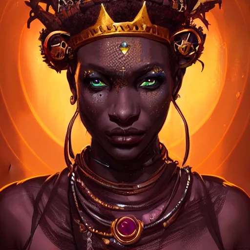 Image similar to a dark and ominous african queen with glowing eyes and a golden crown with a ruby and a black diamond in her forehead, Apex Legends character digital illustration portrait design, by android jones and greg rutkowski in a cyberpunk voodoo style, detailed, cinematic lighting, wide angle action dynamic portrait