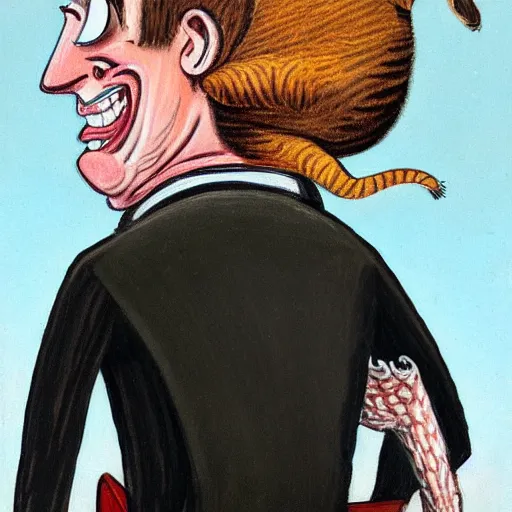 Image similar to a detailed portrait painting of a man with a cat on his back by gerald scarfe