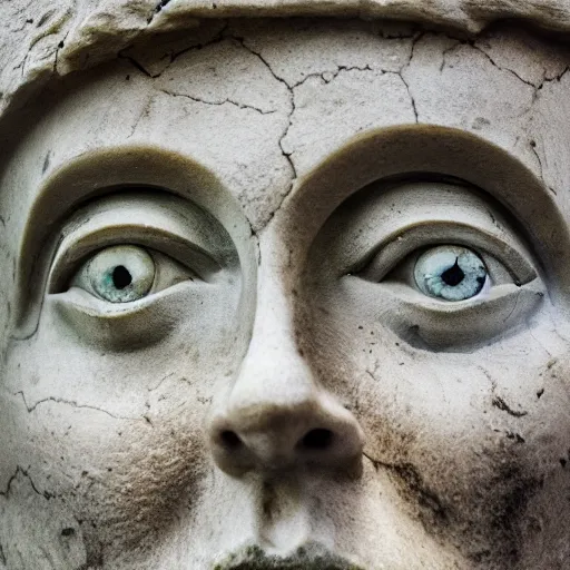 Prompt: an ominous and looming greek marble statue with creepy, real human eyes