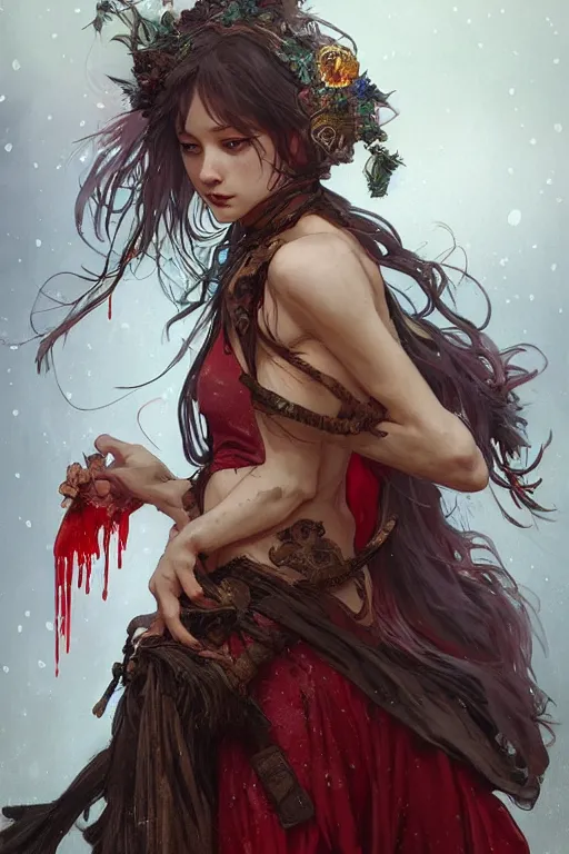 Image similar to beautiful ancient witch in makeshift animal bow cape, blood rain on background, highly detailed, digital painting, artstation, sharp focus, illustration, art by tan zi and ayanamikodon and alphonse mucha and wlop