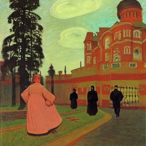 Image similar to haunting by konstantin yuon, by michael ancher. the street art features a group of monsters who live in a castle & have to deal with frankenstein's monster.
