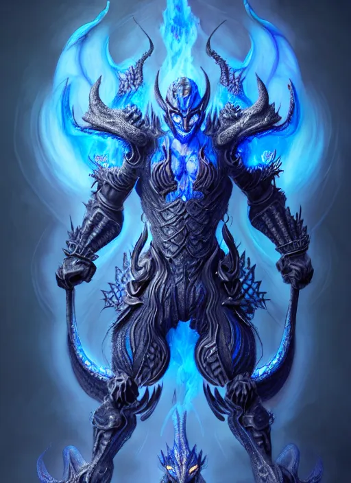 Image similar to muscular and tall blue ghostly fire humanoid dragon!!!! draconian!! intricate ornate iridescent heavy armor!! character concept art, sharp focus, octane render! unreal engine 5! highly rendered!! trending on artstation!! detailed linework!! illustration by artgerm, wlop, and chie yoshii