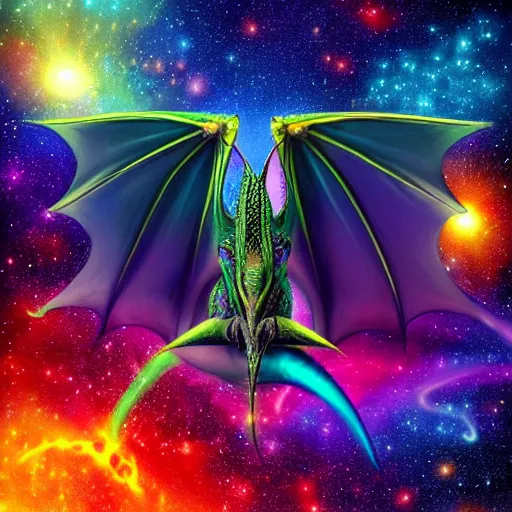 Prompt: realistic look dragon flying through the cosmos passing galaxies and bright colors