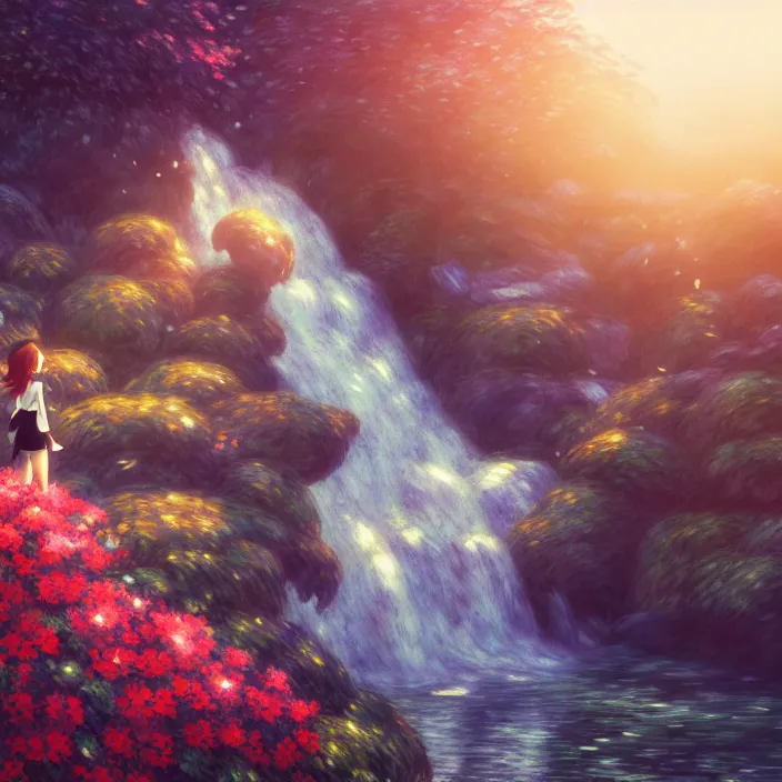 Image similar to an epic makoto shinkai and renoir surreal landscape of a woman's brown hair mixed with a waterfall, 🌺, golden hour, ultra smooth, lois van baarle, ilya kuvshinov, unreal engine, blender, trending on artstation, suntur, caleb worcester, highly detailed, photorealism, bloom effect 8 k