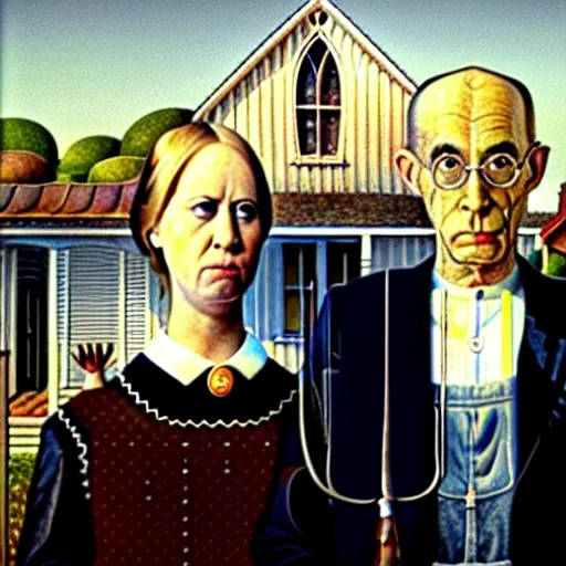 Prompt: american gothic with bananas for tines