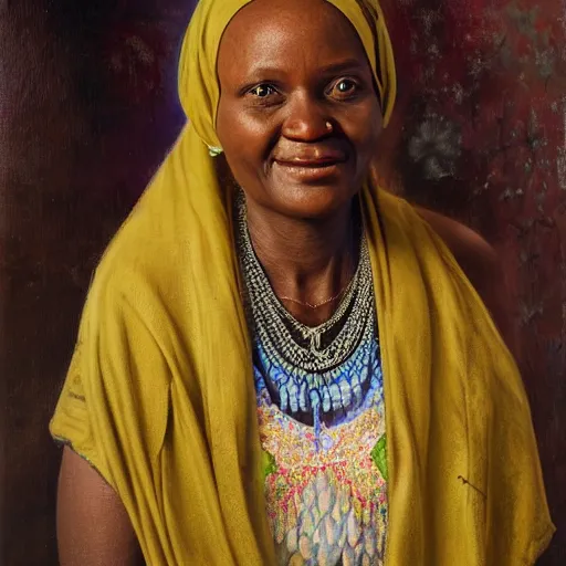 Prompt: portrait of a tanzanian woman ( 3 5 ) from tanzania in 2 0 2 1, an oil painting by ross tran and thomas kincade