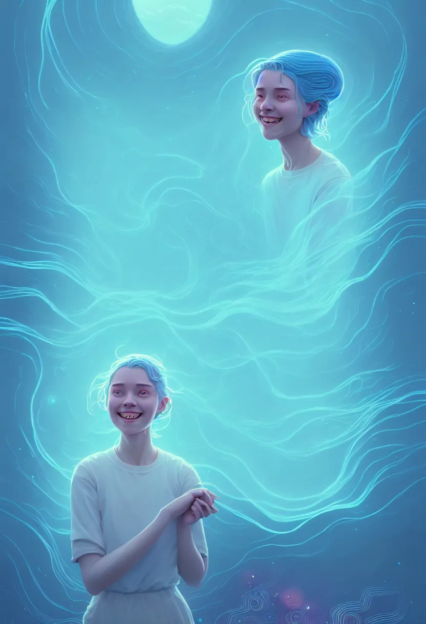 Prompt: young woman smiling in etheric hypothalamus of her mind, in a light blue color palette of cosmic spring, flowing, intricate, beautiful render, award winning photography, by simon stalenhag and wlop and artgerm, beautiful illustration