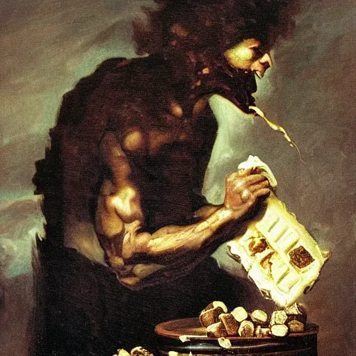 Image similar to saturn devouring a snickers chocolate bar, goya painting, in the style of goya and greg rutkowski, in the style of black paintings, 8 k, highly realistic