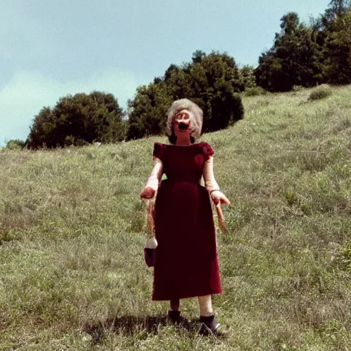 Prompt: middle aged woman who is half human, half muppet, wearing a dress, in the hillside, 1980 French film, archival footage, technicolor film expired film live-action, 16mm