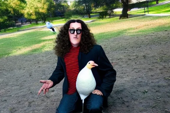 Prompt: weird al in a park with a goose