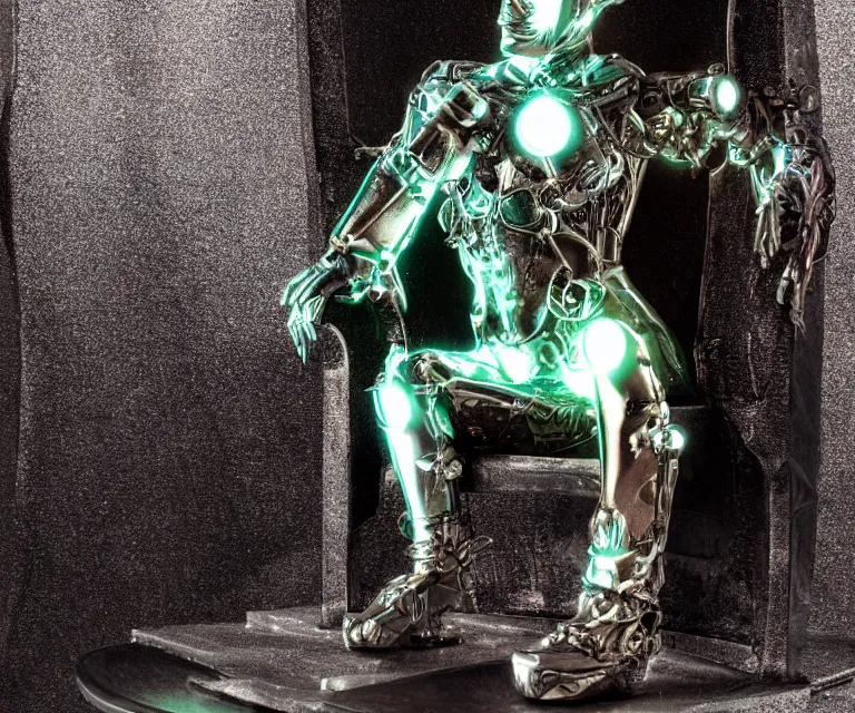 Prompt: translucent glowing cyborg sitting on a metal throne, fantasy sci - fi, fine details, majestic lighting, metallic, 2 0 0 mm focus, bokeh