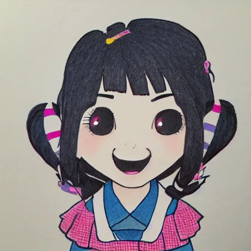 Image similar to a perfect professional sketch of a funny and cute Japanese schoolgirl, by ink pen with a few colored pens, in style of Disney Pixar, CalArts, on high quality paper