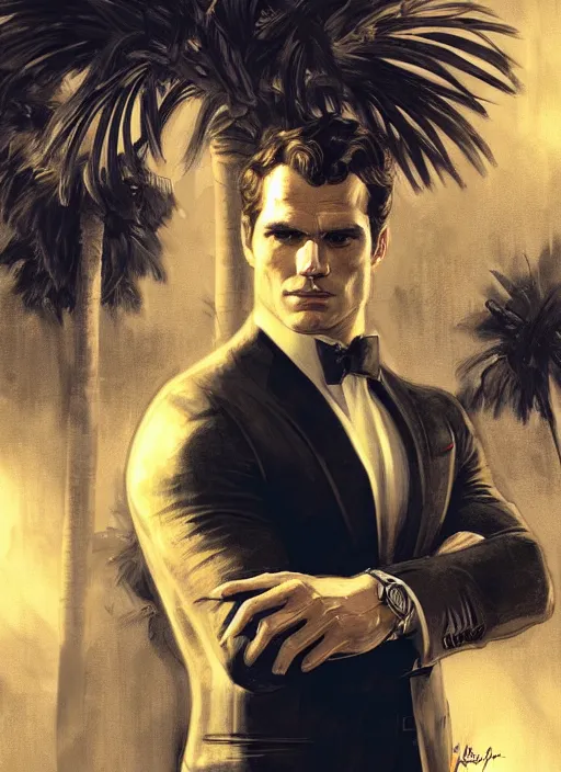 Image similar to portrait of henry cavill as james bond, key art, palm trees, vintage aston martin, highly detailed, digital painting, artstation, concept art, cinematic lighting, sharp focus, illustration, by gaston bussiere alphonse mucha