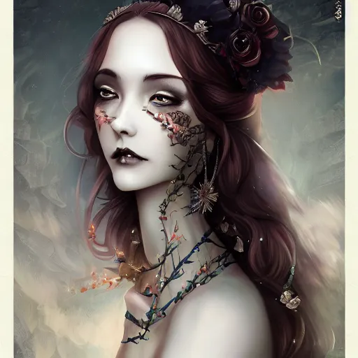 Image similar to Stunning Anime Goddess part skeleton of the floral river flowers, Kissing her king in a dark romance, misty, by cgsociety, in the style of Charlie Bowater, Tom Bagshaw, intricate, beautiful, artstation 8k, high resolution