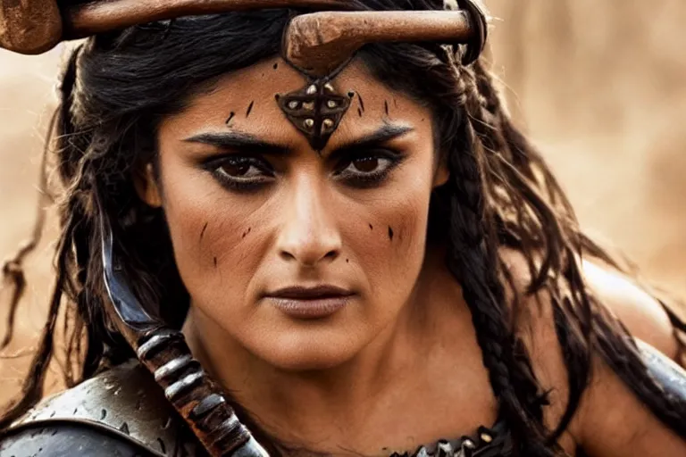 Image similar to epic photo of salma hayek as beautiful barbarian warrior princess in a battle scene, detailed eyes, neutral expression, depth of field, photorealistic, cinematic lighting, lovely bokeh, warm colours, dusk, movie quality