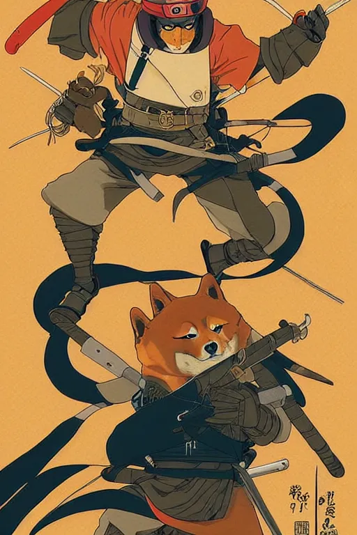 Image similar to poster of a shiba inu as a ninja, studio ghibli aesthetic, by yoichi hatakenaka, masamune shirow, josan gonzales and dan mumford, ayami kojima, takato yamamoto, barclay shaw, karol bak, yukito kishiro