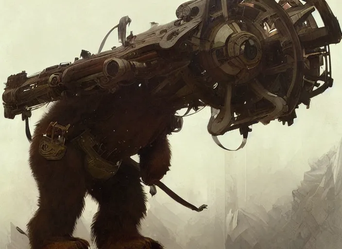 Prompt: a giant bear with a giant cannon in his back, exoskeleton, technology, elegant,, highly detailed, digital painting, artstation, concept art, smooth, sharp focus, illustration, art by krenz cushart and artem demura and alphonse mucha