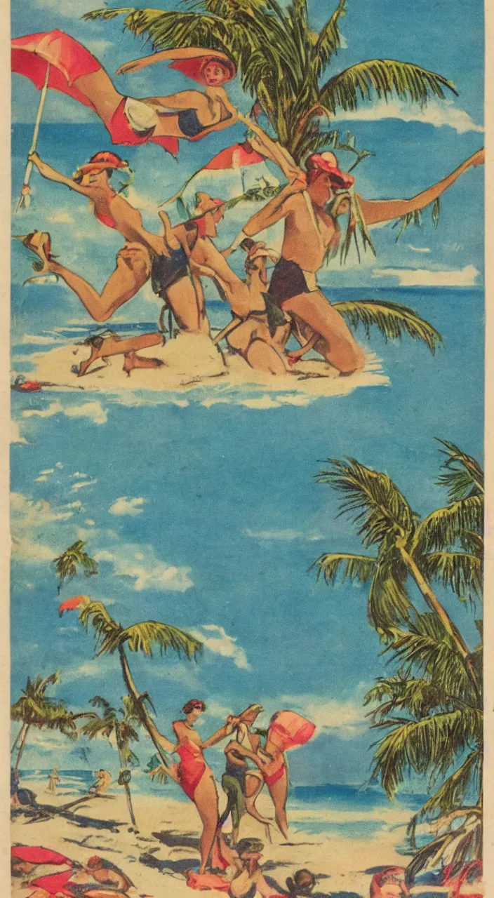 Prompt: a 1920s vacation pamphlet about a Caribbean beach,