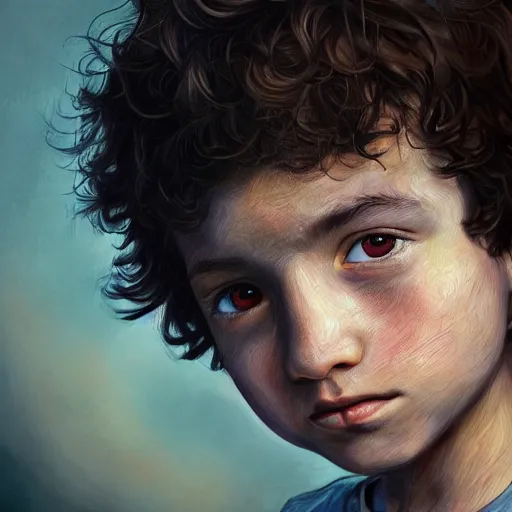 Prompt: a detailed portrait of a ten year old boy, he has short curly brown hair, brown eyes and white skin, fantasy art illustration, incredibly highly detailed and realistic, 8 k, sharp focus