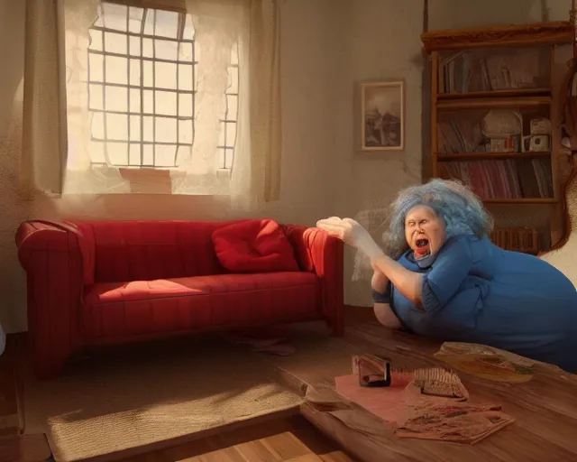 Image similar to of a very beautiful scene. ambient occlusion render. a sweet fat old woman is flying above the sofa. hyper realistic. 4 k. wide angle. wild. symmetrical face, red mouth, blue eyes. deep focus, lovely scene. ambient occlusion render. concept art. unreal engine.