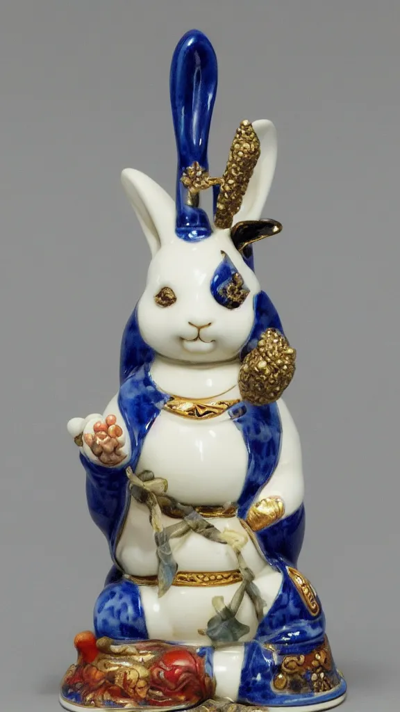 Image similar to porcelain rabbit head budda statue with blue arabesque details with a japanese kiseru in hand painted by john singer sargent